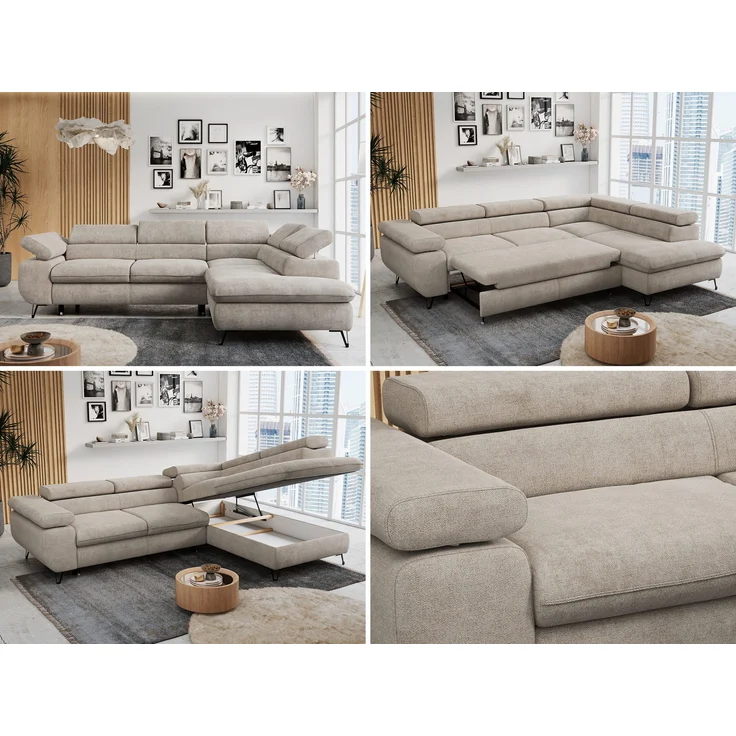 Mks Möbel 'Peter L-form' Ecksofa mit Bettfunktion, Bettkasten & einstellbaren Kopfstützen, Beige, Stoff, mit Topper, rechts – Bild 2