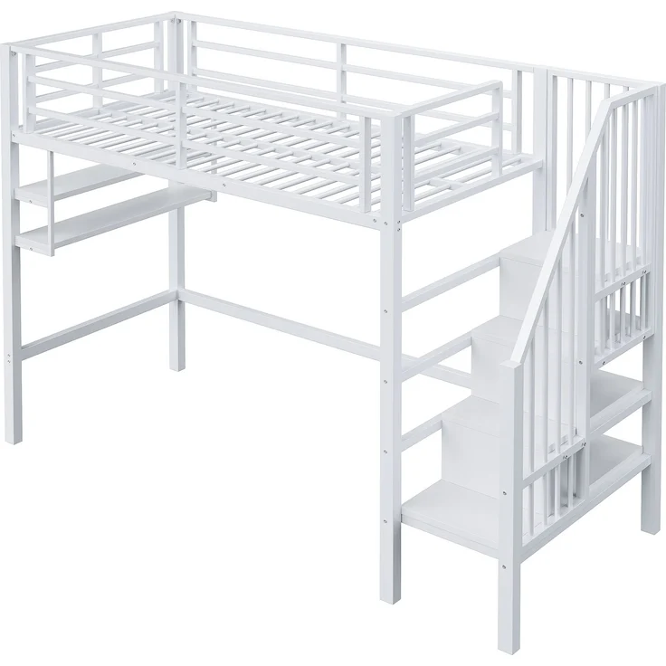 Kinder Hochbett 90x200 cm Metall mit Regalen Stauraum Leiter und Spielbereich unter dem Bett Weiss – Bild 9