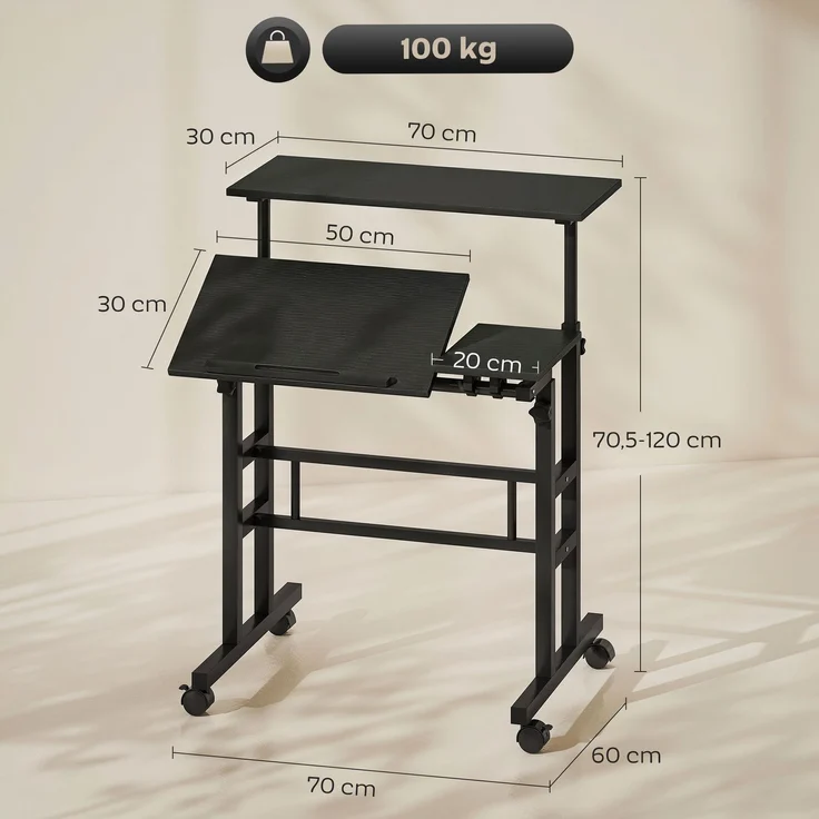 Steh-Sitz-Schreibtisch, höhenverstellbar, 70 x 60 cm, mit Rollen und neigbarer Tischplatte, schwarzer Metallrahmen – Bild 5