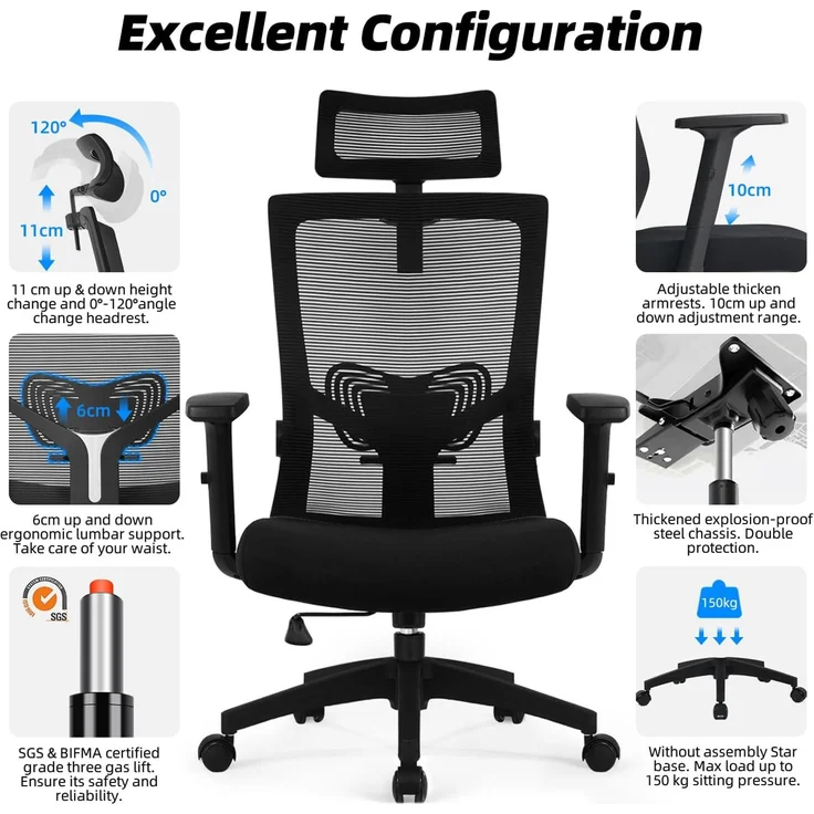 Daccormax Bürostuhl Ergonomisch, mit verstellbarer Kopfstütze, Lendenwirbelstütze & Wippfunktion, Mesh schwarz, 70 x 70 x 128 cm – Bild 6