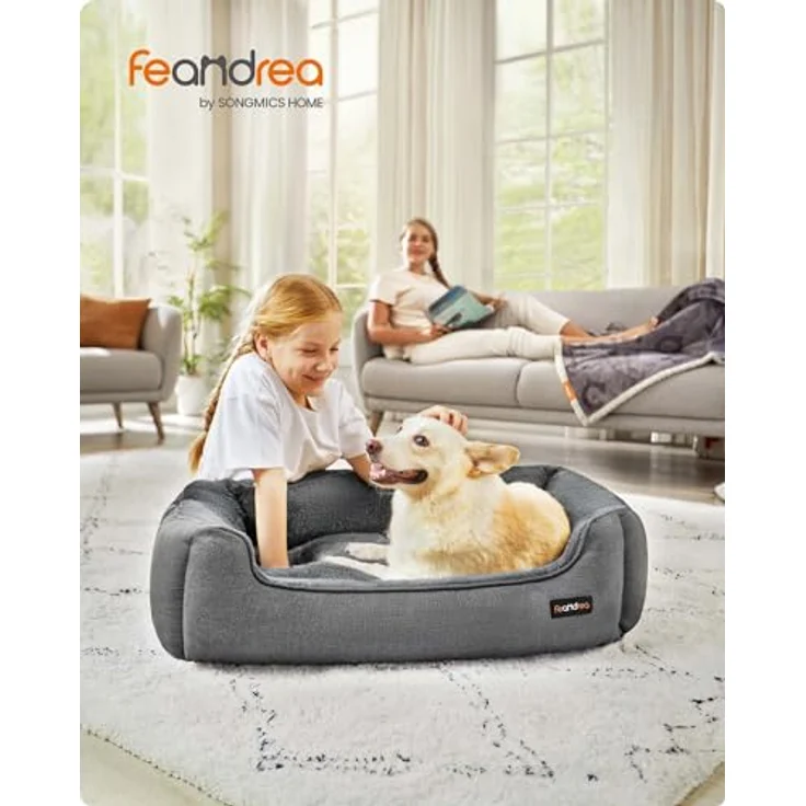 Feandrea Hundebett, Hundekissen in Leinenoptik, Hundekorb, erhöhte Ränder, rutschfeste Unterseite, Bezug abnehmbar waschbar, L, für mittelgroße Hunde, 90 x 75 x 25 cm, hellgrau PGW11GG – Bild 3