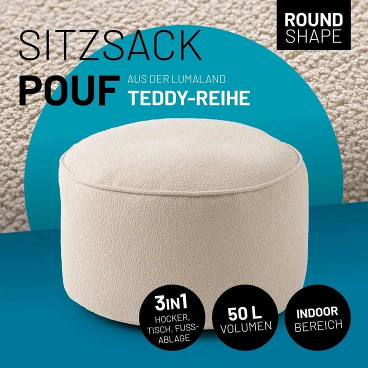 Lumaland Pouf Sitzsack Pouf Teddy 50L, Indoor-Bezug - weich waschbar - perfekt fürs moderne Zuhause – Bild 2