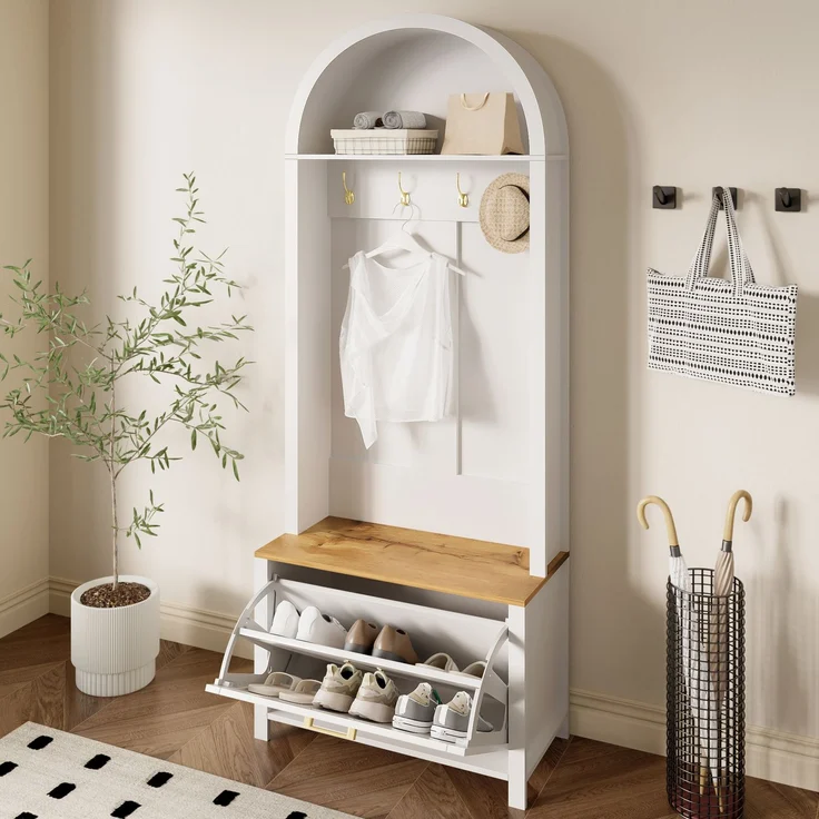 Multifunktionaler Garderobenschrank mit Schuhregal, Ablage & Haken – Hall Tree für Eingangsbereich, langlebiger MDF Korpus, modernes Design, stabile Eisenfüße, praktische Aufbewahrung--Weiß, Holz--75x35x195cm--YOUDENOVA – Bild 7