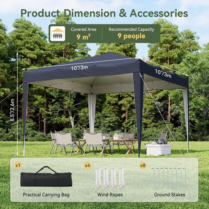 Aoxun Pop Up Pavillon 3x3 Wasserdicht, Metallrahmen-Schutzzelt, Höhe Verstellbar, 3mx3m Faltpavillon mit Tragetasche für Camping Party, Blau – Bild 2
