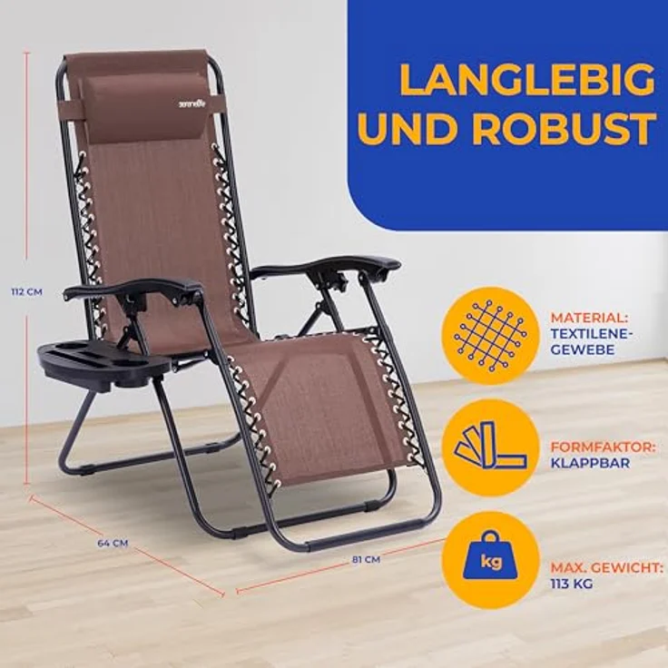 SereneLife Sonnenliege Klappbar, Gartenliege Wetterfest zum Liegen, Sonnenstuhl als Gartenbett, Gartenmöbel zum Relaxen 2 Stück Braun mit Atmungsaktivem Textilen, Sonnenstuhl Verstellbar 2er Set – Bild 4