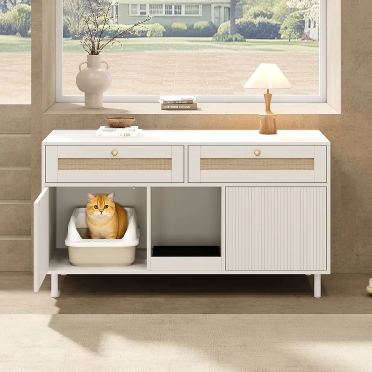 Katzentoilettenschrank mit Katzenstreufangmatte, Katzenstreuschrank, Haustierschrank mit Rattanschublade, Haustier-Sideboard/TV-Schrank, ohne Katzenstreu-Box, Weiß, 120x50x65 cm – Bild 4