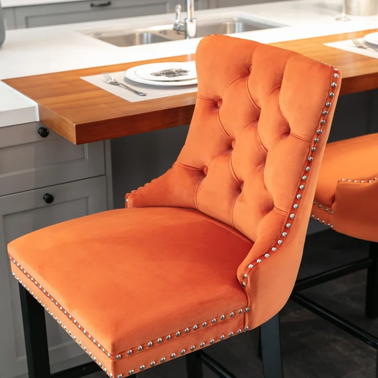 Contemporary Velvet Upholstered Barstools with Button Tufted Decoration and Wooden Legs, and Chrome Nailhead Trim, Leisure Style Bar Chairs,Bar stools, Set of 2 (Orange),DE2002OG--Orange--60x50x103cm--YOUDENOVA – Bild 10