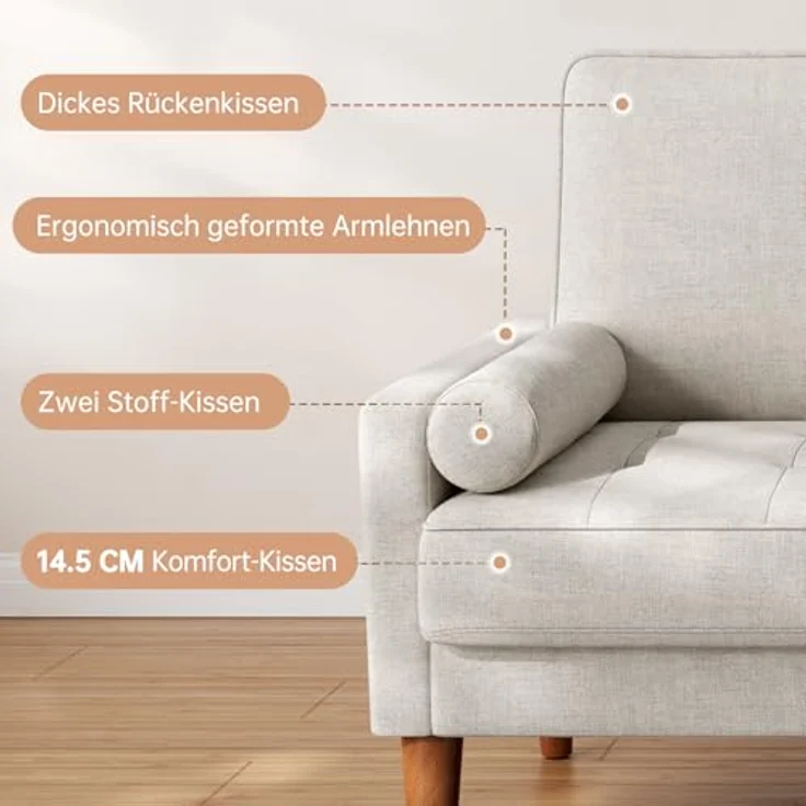 Vesgantti Sofa 2-Sitzer, 121 cm, Stoffcouch, Beigegrau, Couch 2 Sitzer mit 2 Wurfkissen, Kleine Stoffcouch mit Armlehne, Knöpfe Sitzkissen Gästesofa für Wohnzimmer/Wohnung/Büro – Bild 5