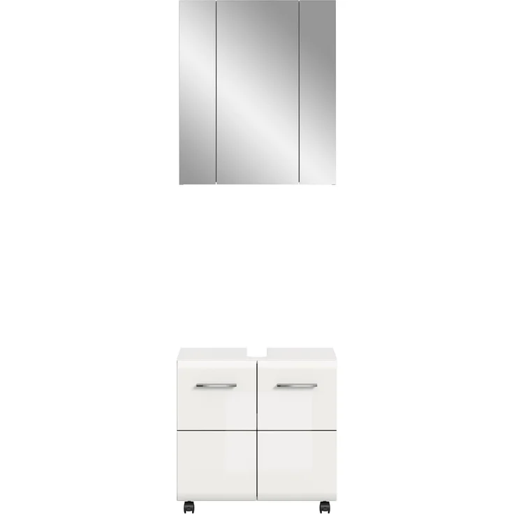 xonox. home – Badkombination Ice auf Rollen 60x185x30 cm in weiß Hochglanz – 2-teiliges Set inkl. Waschbeckenunterschrank auf Rollen & Spiegelschrank – Flexibel, modern & ideal für kompakte Badezimmer – Bild 2