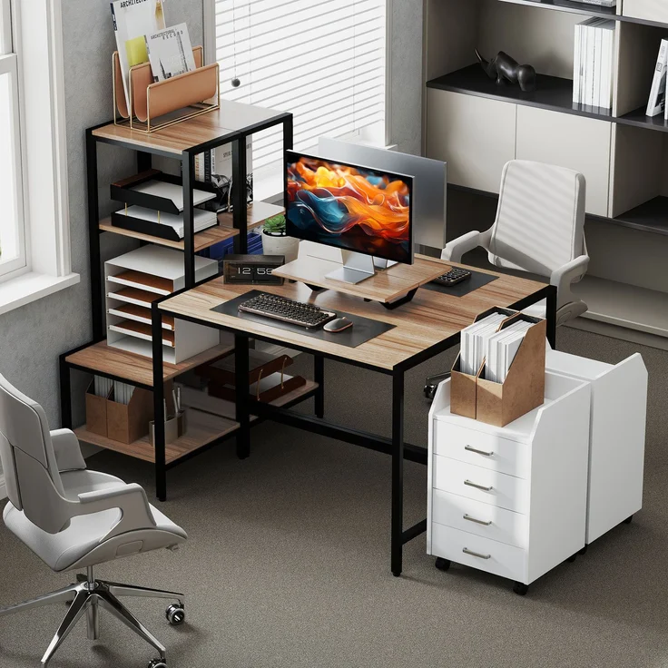 Computertisch mit Monitorständer, Schreibtisch mit 4-stufigem Regal, Industrielles Design, Braun--Braun--125x48x150cm--YOUDENOVA – Bild 10