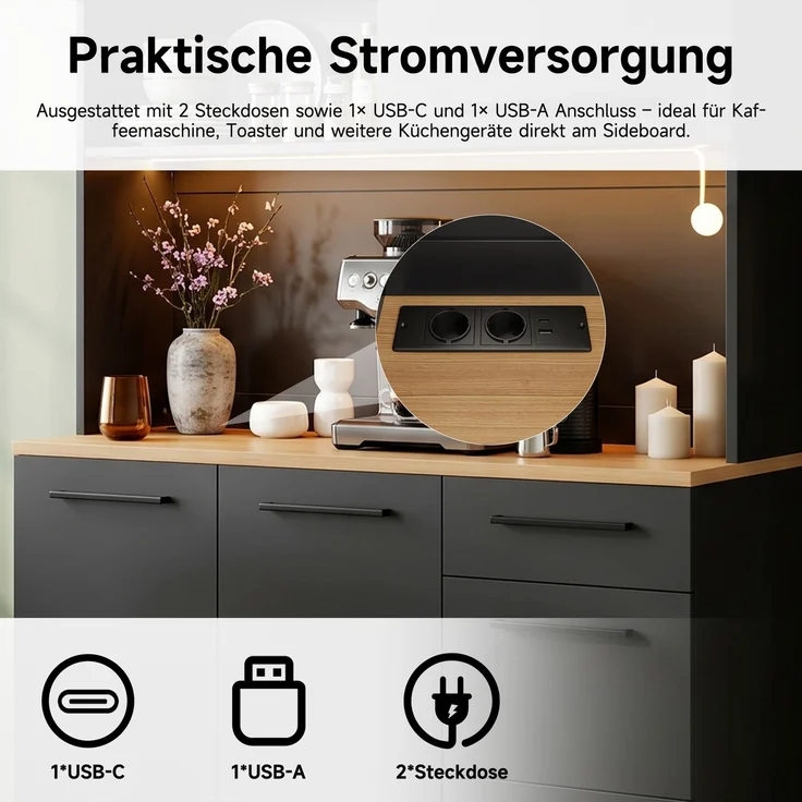 Buffetschränke, Esszimmer-Hochschrank 120×40×180 cm, mehrstufigem Stauraum, integrierter Steckdose sowie USB-C- und USB-A-Anschlüssen,Mit farbigem Lichtstreifen, Schwarz – Bild 8