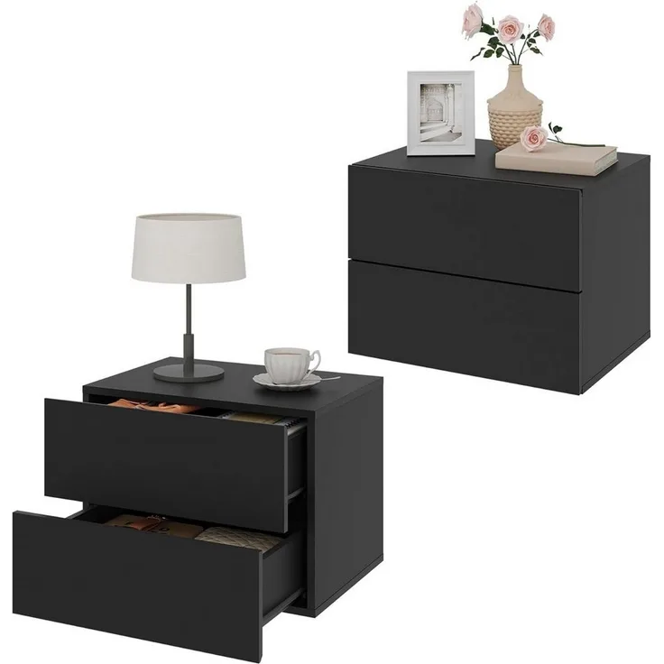 Woltu Nachttisch (2-St), hängend mit Schublade, Wandregal Schwarz für Schlafzimmer Wohnzimmer