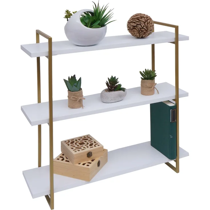 Wandregal HWC-K78, Hängeregal Schweberegal, 3 Regalböden Massiv-Holz Industrial 60x60x18cm ~ weiß, Metall gold