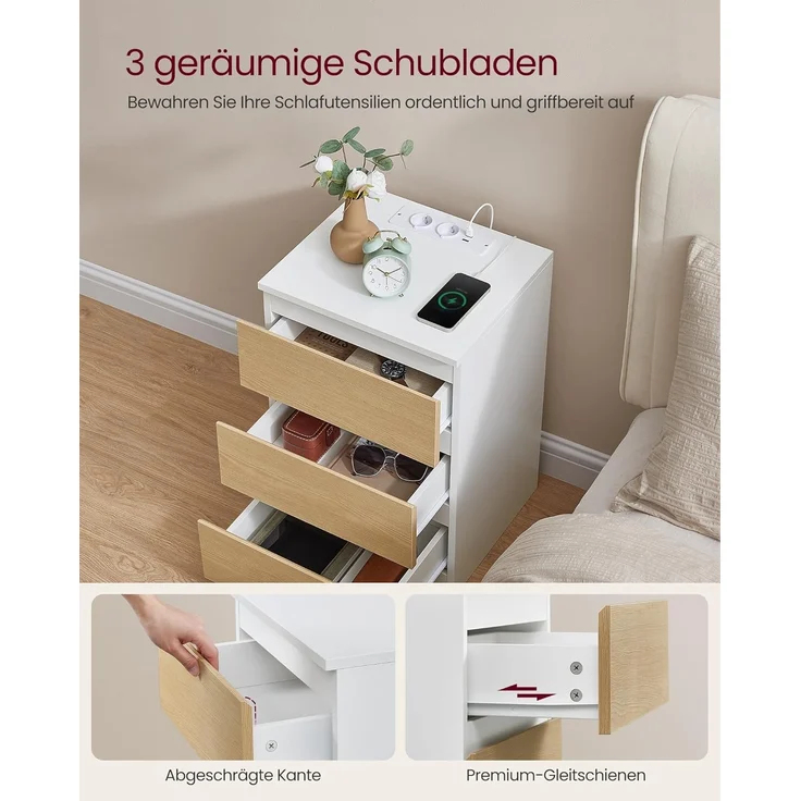 VASAGLE Nachttisch mit Steckdosenleiste, 2er Set, Beistelltisch, 3 Schubladen, 2 AC-Steckdosen, 2 USB-A-Anschlüsse, Wohnzimmer, Schlafzimmer, Arbeitszimmer, modern, wolkenweiß-mandelgelb LET831Y01 – Bild 6