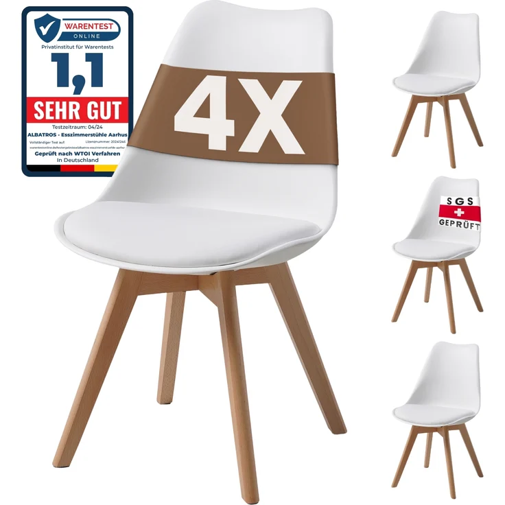 ALBATROS Esszimmerstühle 4er Set AARHUS, Weiss - Beine aus Buche Massiv-Holz, Skandinavisches Retro-Design, bequemer Schalenstuhl - Eleganter Küchenstuhl, Stuhl Esszimmer für Esstisch – Bild 2
