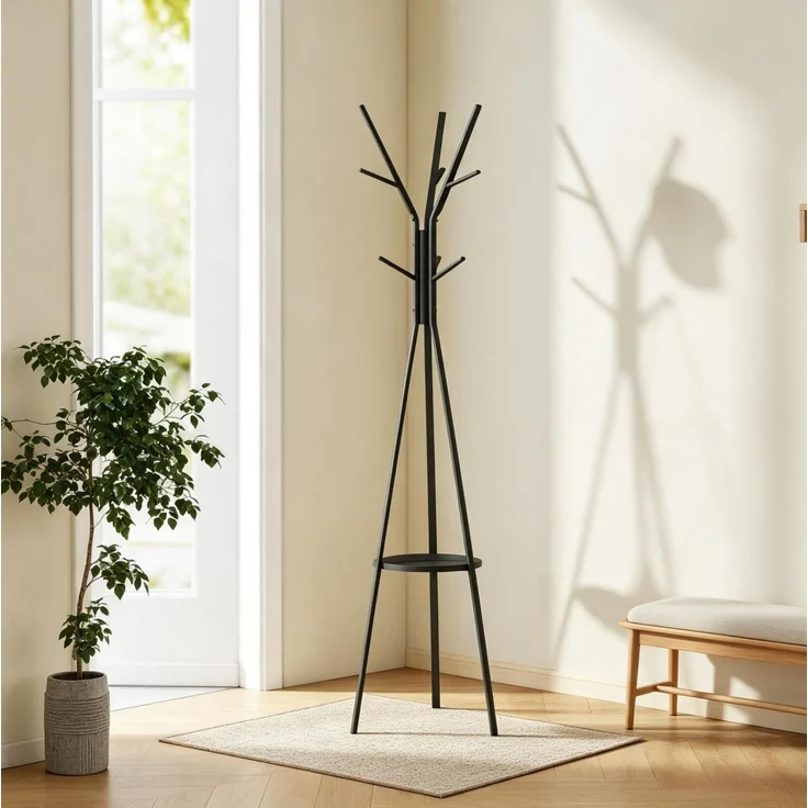 Garderobenständer 45 x 45 x 180 cm mit 9 Haken und Ablage – aus Metall und MDF, Schwarz – Bild 2