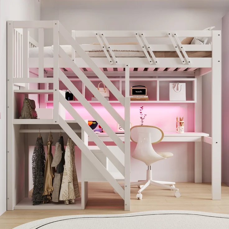 EINHOM Massivholzbett 90 x 200 cm mit Stauraum, Holz, Treppe mit Aufbewahrungsschrank, mit einem Schreibtisch, mit USB-Steckdose und mit LED-Licht Kinderbett, Jugendbett, Einzelbett, Massivholzrahmen, Hohe Ausführung, Weiß (Ohne Matratze) – Bild 7