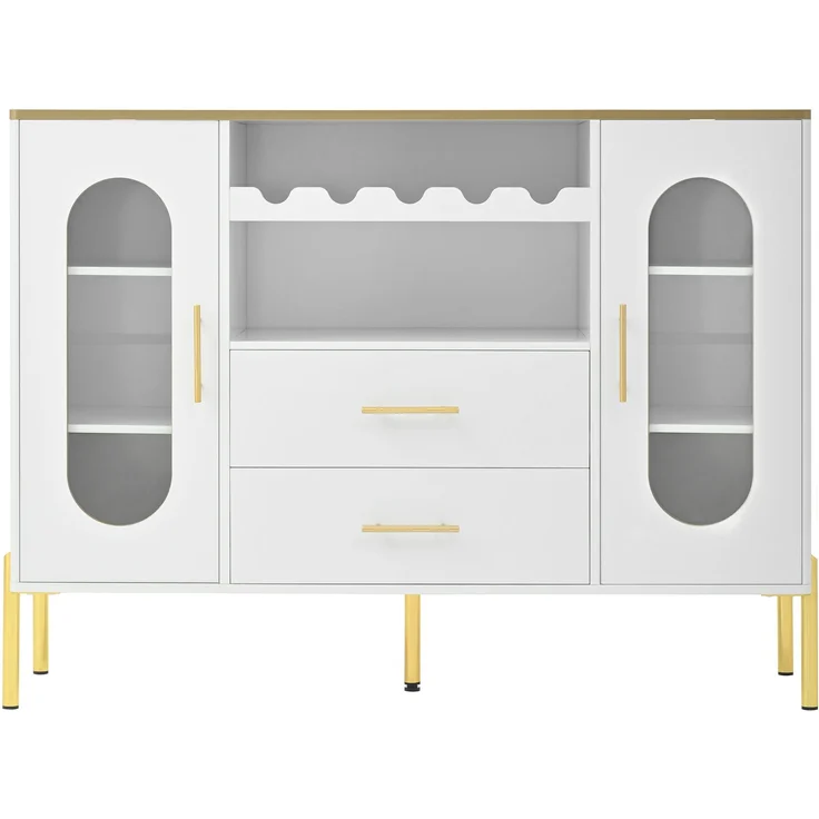 Merax Weißes Sideboard, Glasfronten & Weinregal – Sideboard für Esszimmer & Wohnzimmer – Verstellbarer Fuß – Viel Stauraum – Bild 9