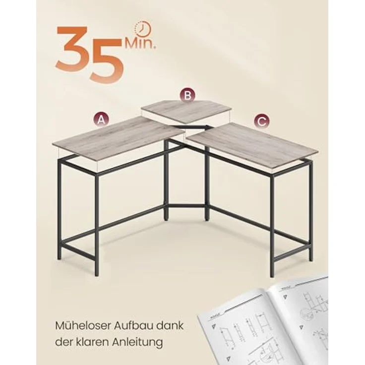 VASAGLE Schreibtisch, L-förmiger Computertisch, 140 x 140 x 76 cm, Eckschreibtisch, platzsparender Bürotisch, Gaming, Homeoffice, einfacher Aufbau, Greige meliert-tintenschwarz LWD073B02V1 – Bild 7