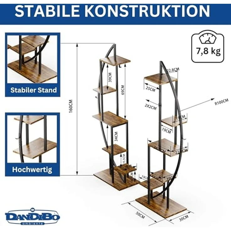 DanDiBo Blumenregal indoor 160 cm Hoch Metall Schwarz Rund 96644 Blumentreppe Groß Halbrund Pflanzenständer Modern Design – Bild 2