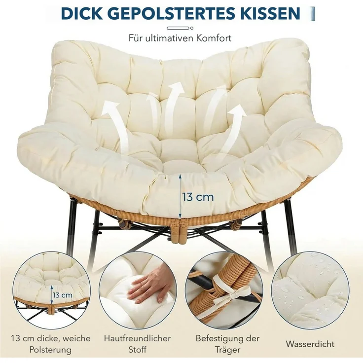 TLGREEN Schaukelstuhl mit Rattan,elegante Eiform, leiser Schaukelkomfort,dickem Abnehmbar Polster & Metallrahmen, Belastung von 150kg – Bild 3