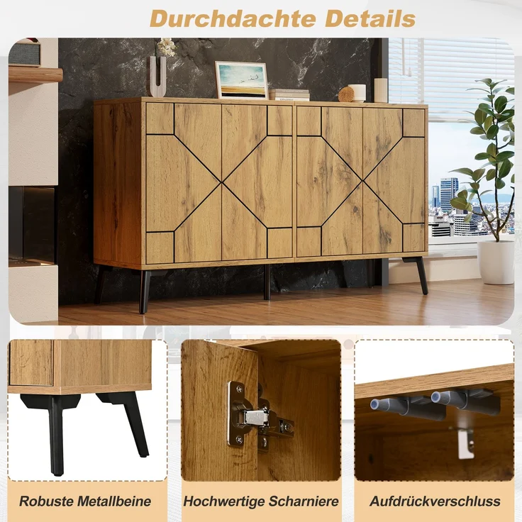 Merax Sideboard mit Wellenmuster, 4 Türen mit Rückprallmechanismus, Aufbewahrungsschrank, Holzfarbe – Bild 6