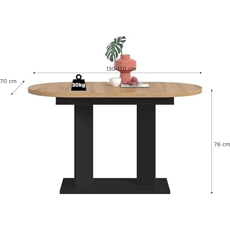 xonox. home – Esstisch Gustav 130-170x76x70 cm in Artisan Eiche Nachbildung und Schwarz – Ausziehbarer Tisch mit Doppelsäule – variabel anpassbar, ummantelte Kanten & einfache Montage mit Anleitung – Bild 3