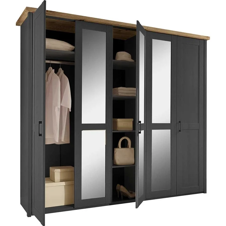 Kleiderschrank Latina / Locarno, Holzwerkstoff, Schwarz, Holzfarben, Verspiegelt, 241 x 212 x 62 cm – Bild 2