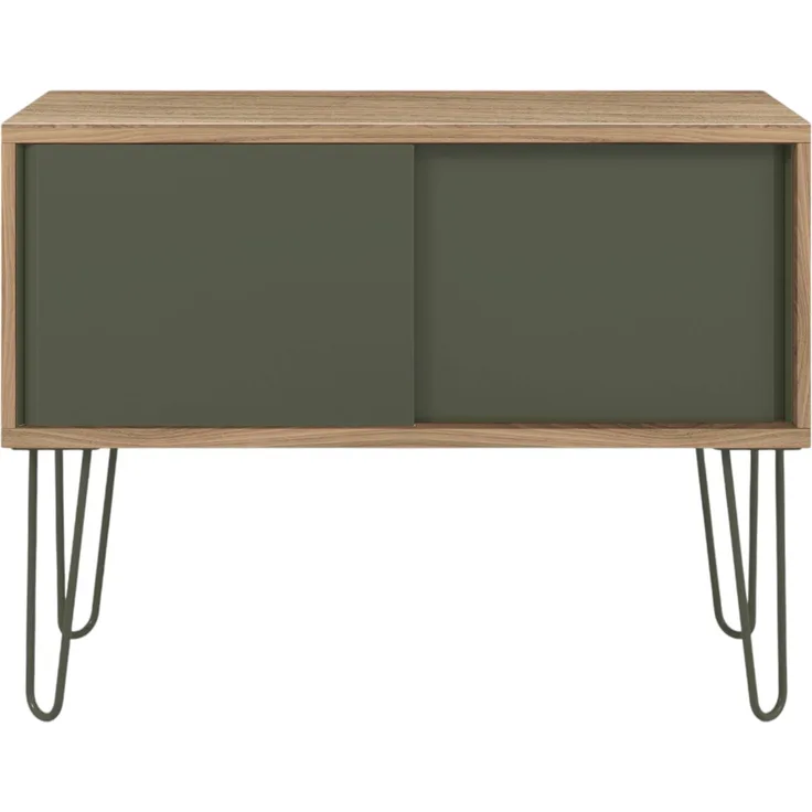 Bisley MultiRange Sideboard in Nussbaum-Olivgrün - Büroschrank mit Schiebetüren 100cm breit, Retro-Design Kommode aus Holz & Metall, Schrank für Ordner, Bücher & Büro-Material, MS1007H-NW-623