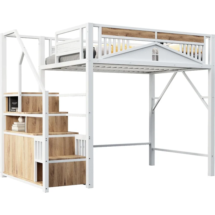 EINHOM Metall-Hochbett 140 x 200 cm, Einzigartiges Sicherheitsgehäuse mit Fenster, Sicherheitsleiter mit Spind, Weiß (Ohne Matratze) – Bild 7
