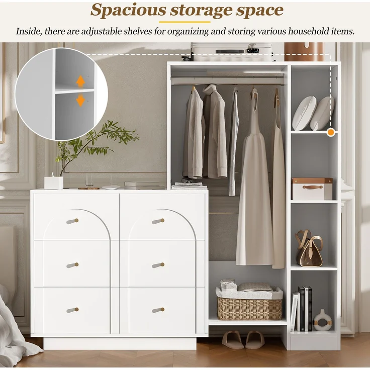 Moderner Mehrzweck-Kleiderschrank, offene Garderobe mit Kleiderstange, 6 Schubladen und Seitenregalen, Schlafzimmer-Aufbewahrungsschrank, Weiß, 139 × 35 × 133 cm--Weiß--139x35x133cm--YOUDENOVA – Bild 9