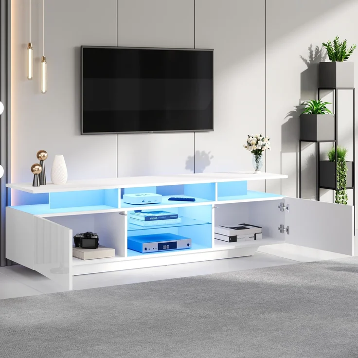 Merax 160cm Fernsehschrank,TV-Ständer mit 2 Schränken, Wohnzimmerschrank, Hochglanz-TV-Schrank mit LED-Lichtleiste, mit 8 Ablageflächen, 70-Zoll-Fernseher, Weiß – Bild 3