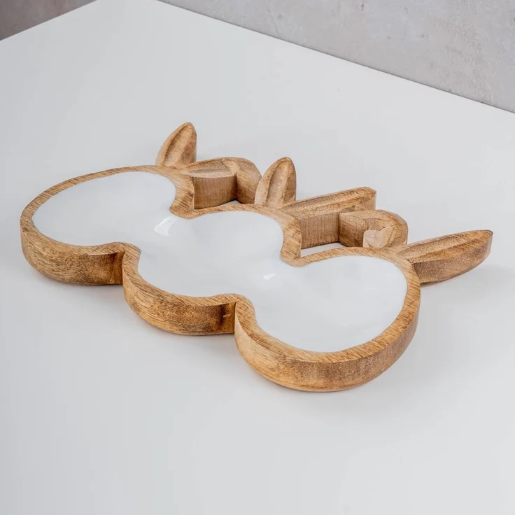 Levandeo® Dekoschale, Deko Schale L26cm Ostereier Hasenohren Mangoholz Natur Weiß – Bild 5