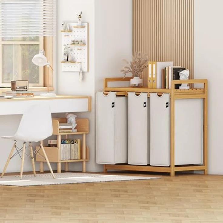 AdelDream Wäschekorb Wäschekörbe mit Bambusrahmen, 150 l, 3 Fächer – Bild 9