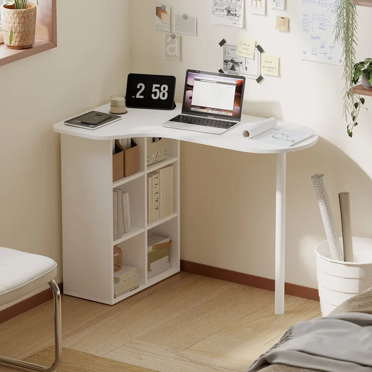 Unregelmäßiger Computertisch 100 x 59 cm mit 6 Fächern, 4 verstellbaren Einlegeböden und Stahlrahmen, weiß – Bild 3
