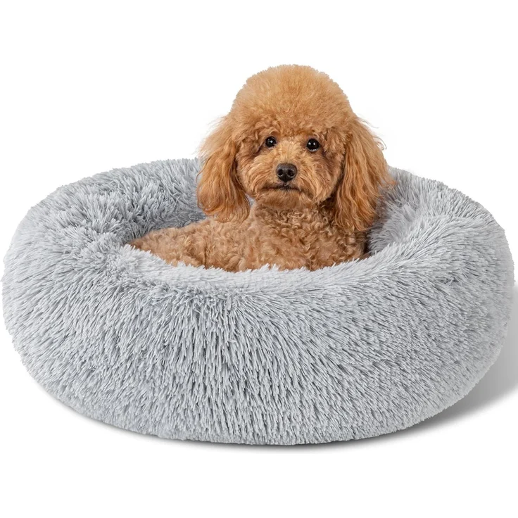1 Stück Plüsch-Hundebett, rund, rutschfest, bis 4,5 kg, grau – Bild 1