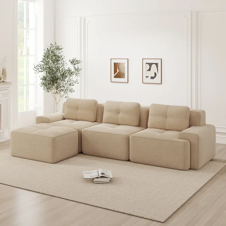 Cloud Modulsofa Boneless L-förmiges Sofa,Modulares Sofa mit Ottoman Modulares Cloud-Sofa 3-Sitzer Corduroy-Cloud-Sofa für Wohnzimmer Montagefreies Sofa,Corduroy,Beige,