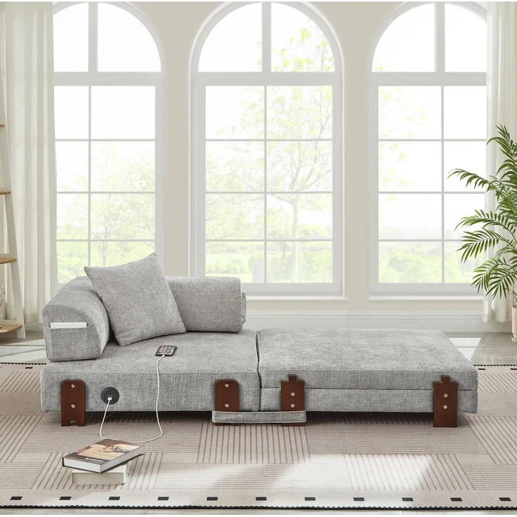 Wohnora-2-in-1 Folding Sofa with Sleep Function & USB & Type C Port & Storage,Compact Sofa Bed with Armrests for Small Spaces ,Guest Room & Loft - Light Grey,H 48cm x T 84cm x B 1705cm,HELLGRAU