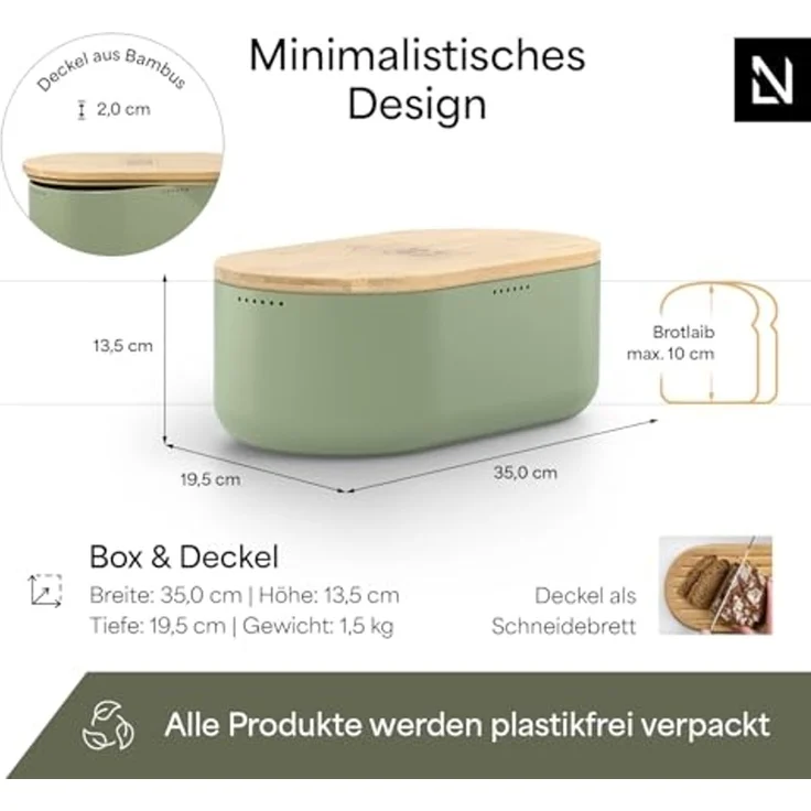 LARS NYSØM Brotkasten Ægte, Edelstahl, Metallbrotbox mit Brotsack und Bambusschneidebrett – Bild 4