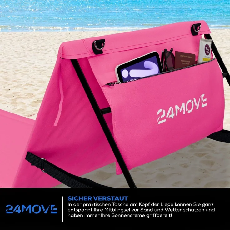 24MOVE Strandmatten Natal 2er Set mit Rückenlehne, rosa, 180x54 cm | 2 klappbare Strandliegen mit verstellbarer Rückenlehne, je 120x54 cm Liegefläche, Tragegurt und Reißverschlusstasche – Bild 5