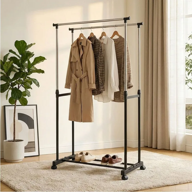 shop'n smile ideoon Kleiderständer Mobiler Kleiderständer Doppelstange B 80 cm Höhenverstellbar 90-160cm, Fahrbare Doppel-Kleiderstange, mit Schuhablage, 80 x 90–160 x 42cm