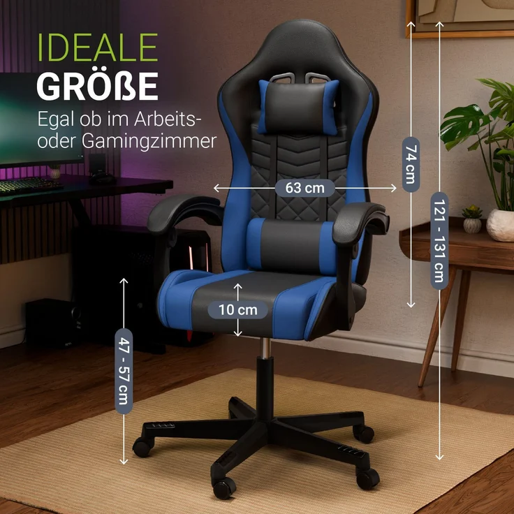 Juskys Gamingstuhl HyperSeat, verstellbare Rückenlehne, höhenverstellbarer Drehstuhl, Kunstleder, ergonomisch, für Büro & Gaming Setup – Schwarz/blau – Bild 5
