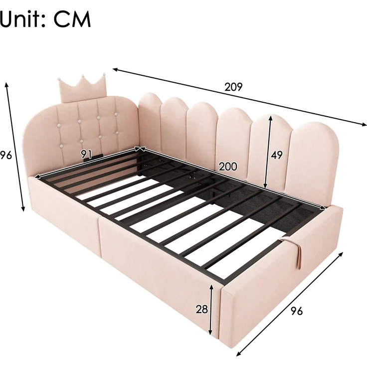 Merax Einzelbett, 90x200 cm Polsterbett, Daybett, Tagesbett-Schlafsofa mit Stauraum (hydraulisch), Gästebett L-Form Samt, Rosa – Bild 4