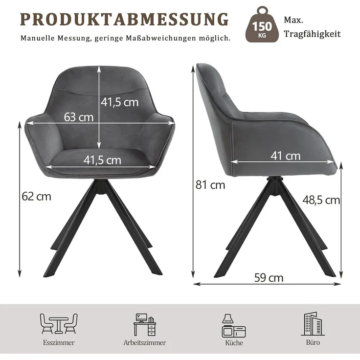 GOEURVANT 1370 Esszimmerstühle 4er-Set mit Armlehnen, 360° Drehbar, Samt - Dunkelgrau – Bild 3