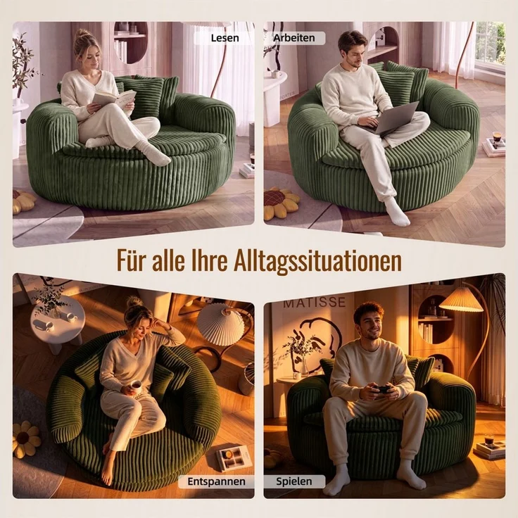 i@home Sitzsack Loungesessel Cord gepolstert, Relaxsessel Bodensessel (1 St, extrabreiter Sitzfläche und Armlehnen, rutschfest), Sessel mit Taschenfedern, 5 Kissen für Schlafzimmer & Leseecke 145 cm – Bild 4