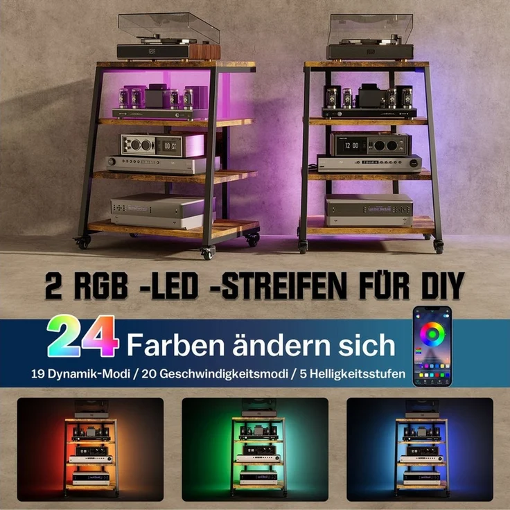 XIIW TV-Rack HiFi Möbel Rack mit LED & Rädern Plattenspieler-Ständer TV-Regal (4 Etagen, 60 x 51 x 85 cm), Media-Regal mit 2 RGB-LEDs per App, Verstellbaren Ablagen, bis 140 kg – Bild 4