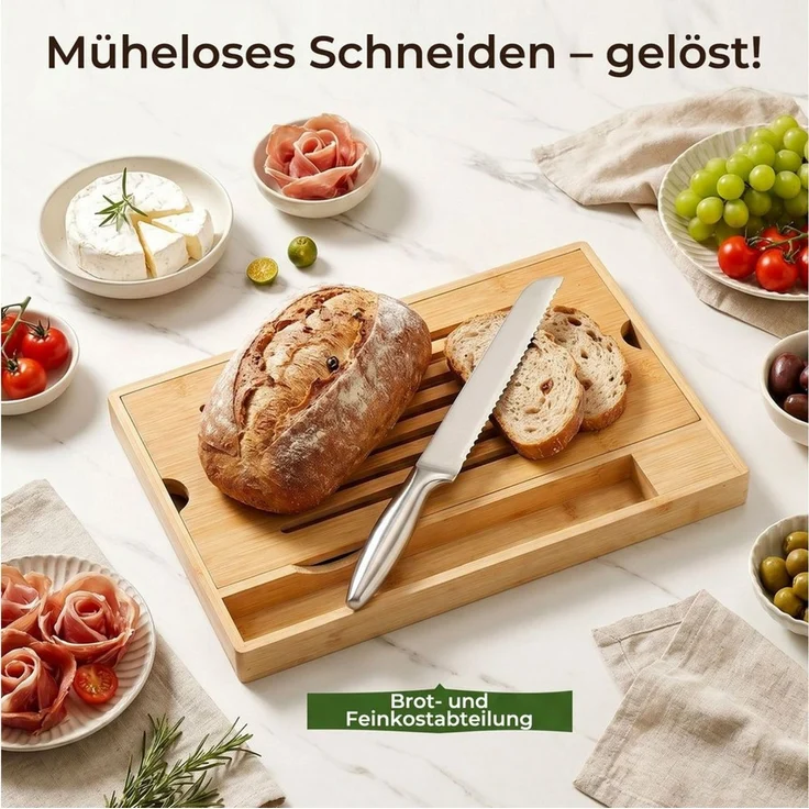 FOHERE Brotschneidebrett mit Messerhalter (inklusive Brotmesser) und Krümelschublade, Naturbambus, (1-St), 33.5x24.8 cm, geeignet zum Schneiden aller Brotsorten – Bild 2