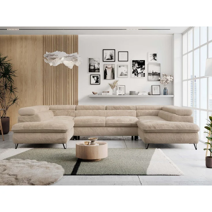 Ecksofa U-Form, mit Bettkasten, Bettfunktion und Einstellbare Kopfstützen, Sofa big XXL - PETER U - Beige Plüsch – Bild 1