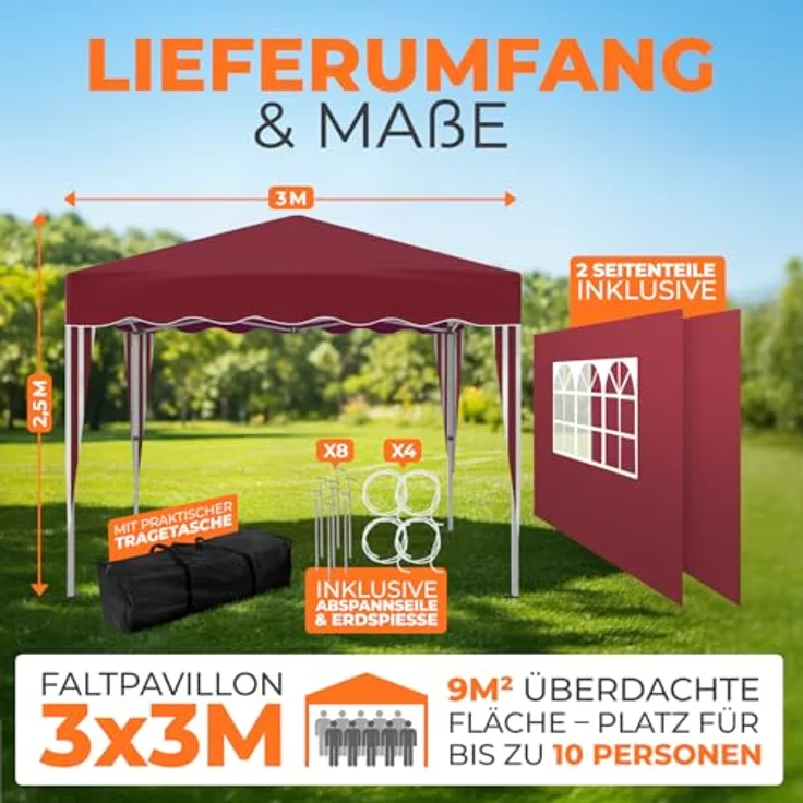 Kronenburg Faltpavillon wasserdicht Dachmaß 3x3 m UV Schutz 50+ Pavillon in Rot mit 2 Seitenteilen – Bild 3