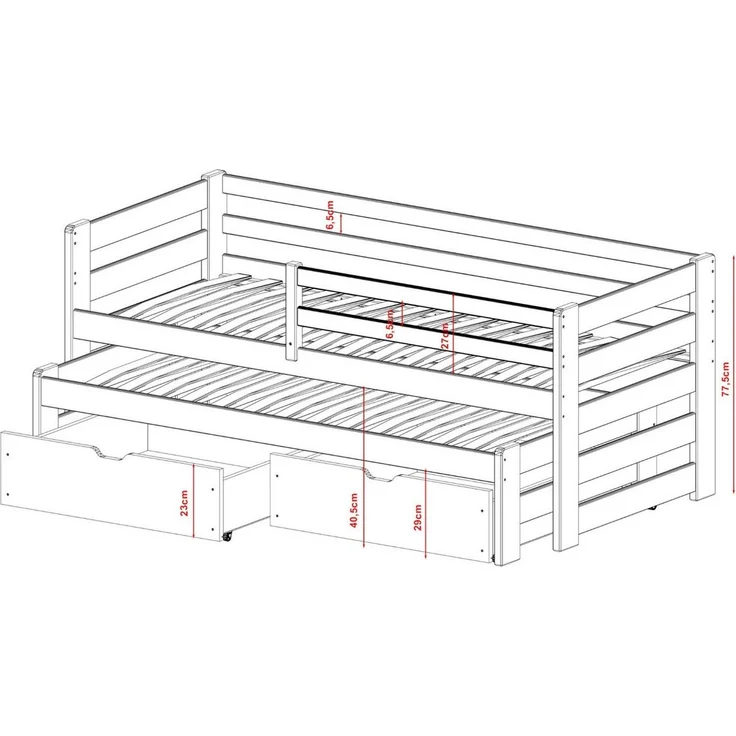 Kids Collective Jugendbett Einzelbett Kinderbett 90x200 cm, Lattenrost, Rausfallschutz Vollholz, 90x200 cm mit Rausziehbett 190x90 mit zwei Schubladen Olivgrün – Bild 2